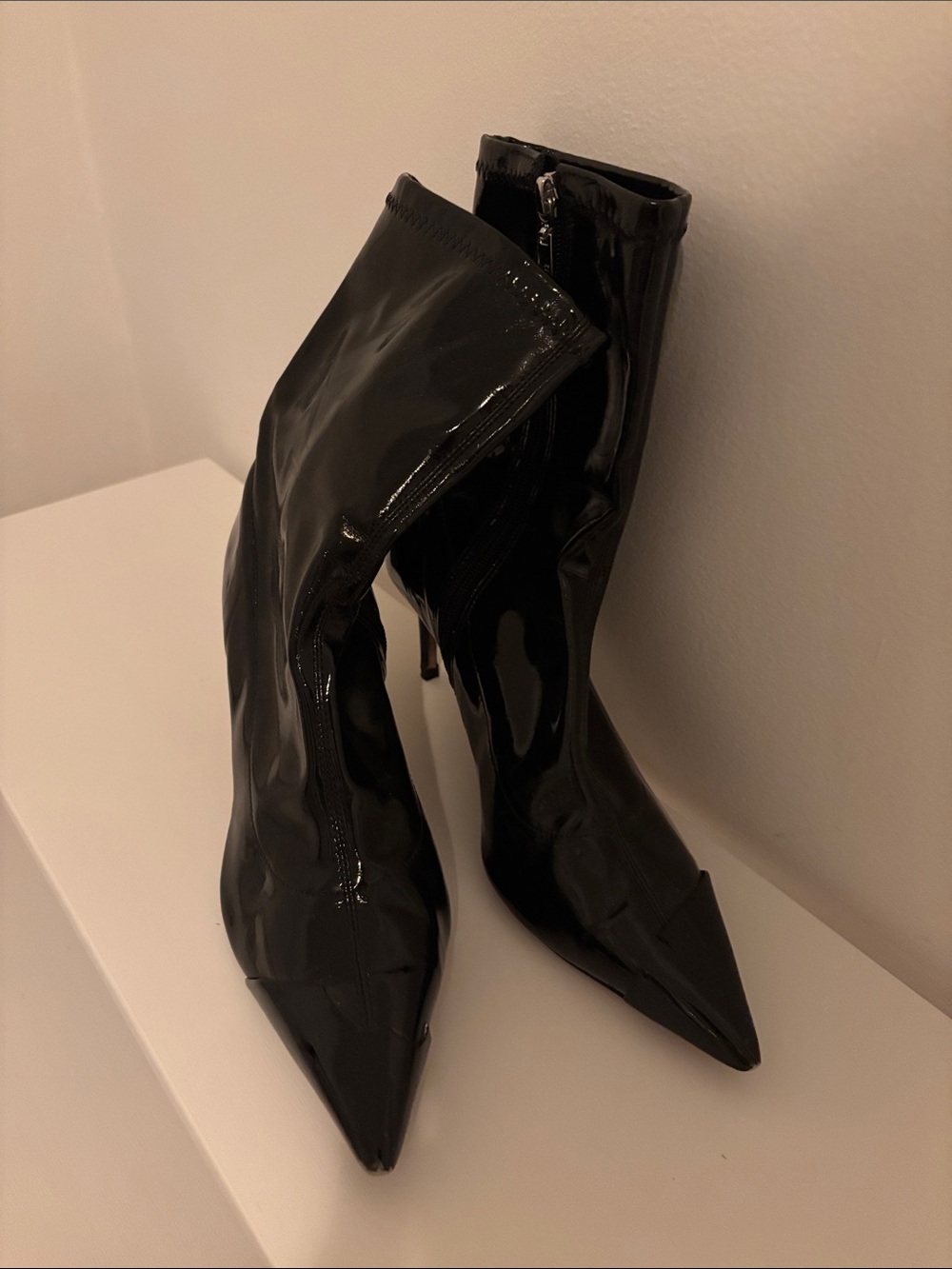 SCHUTZ Black Patent Pointed Ankle Boots with Stiletto Heel